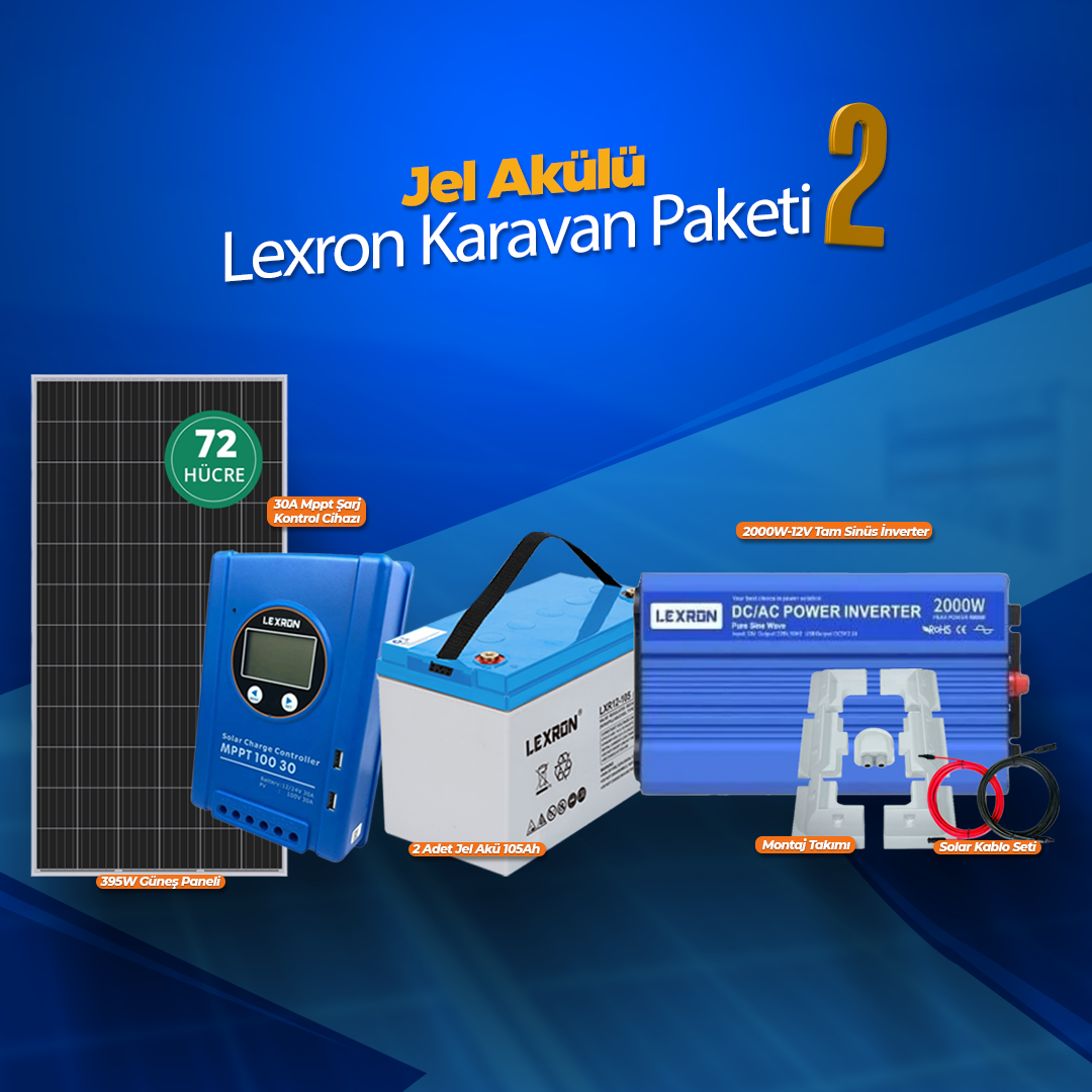 Karavan Hazır Solar Enerji Paketi – 395W Phono Panel + 2000W Lexron Tam Sinüs İnverter + 2x105Ah Jel Akü K2