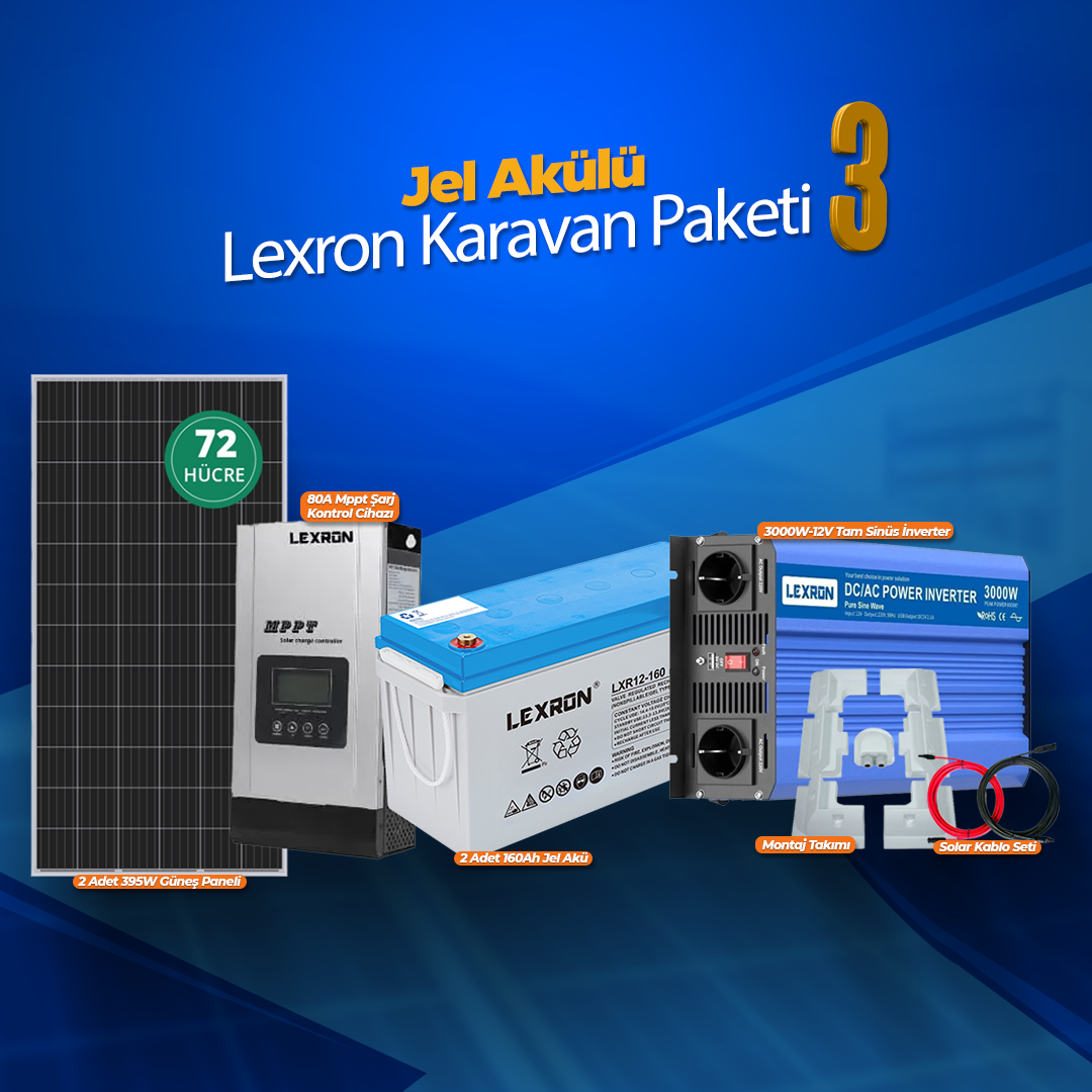 Karavan Hazır Solar Enerji Paketi – 2X395W Phono Panel + 3000W Lexron Tam Sinüs İnverter + 2x160Ah Jel Akü K3