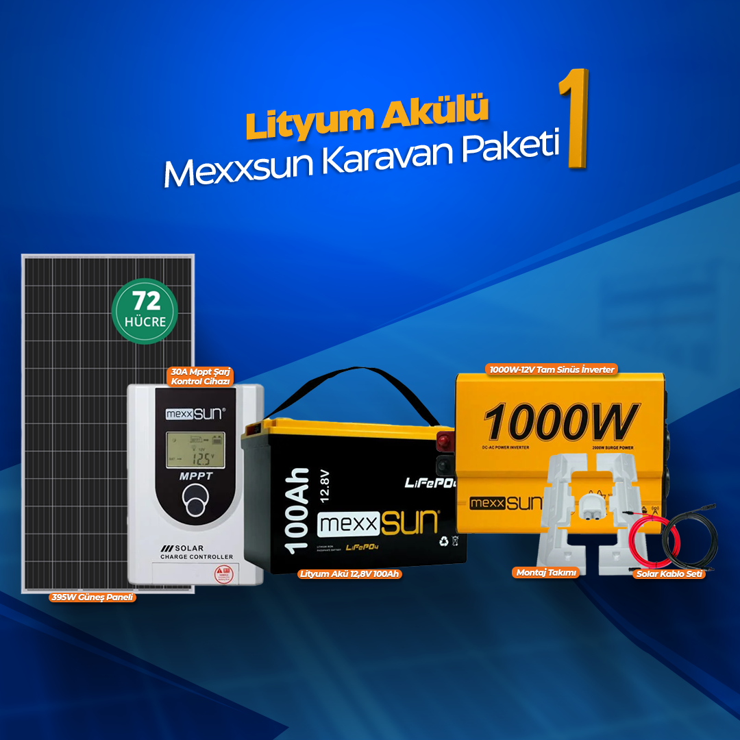 Karavan Lityum Solar Enerji Paketi – 395W Phono Panel + 1000W MEXXSUN Tam Sinüs İnverter + 100Ah MEXXSUN Lityum Akü