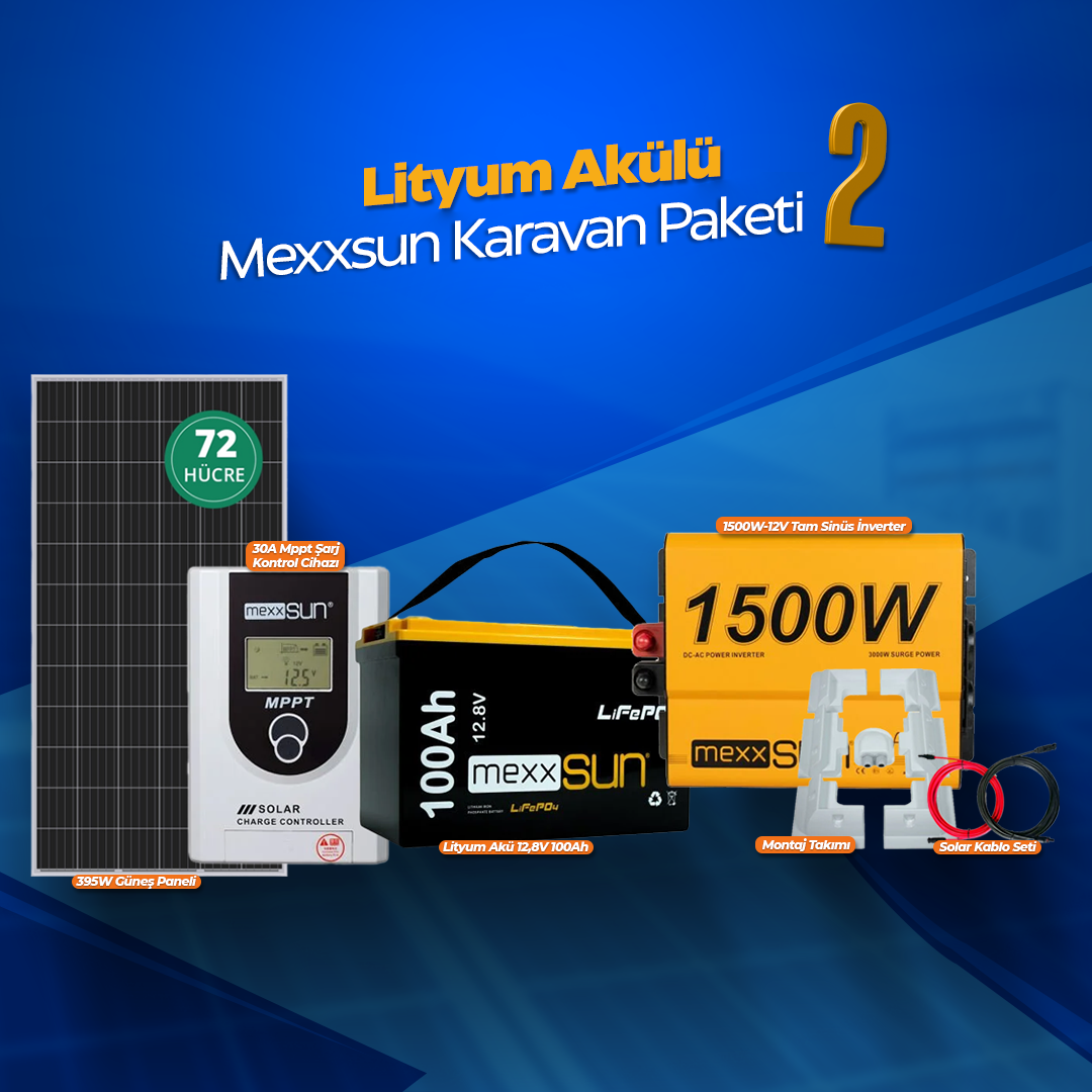 Karavan Lityum Solar Enerji Paketi – 395W Phono Panel + 1500W MEXXSUN Tam Sinüs İnverter + 100Ah MEXXSUN Lityum Akü