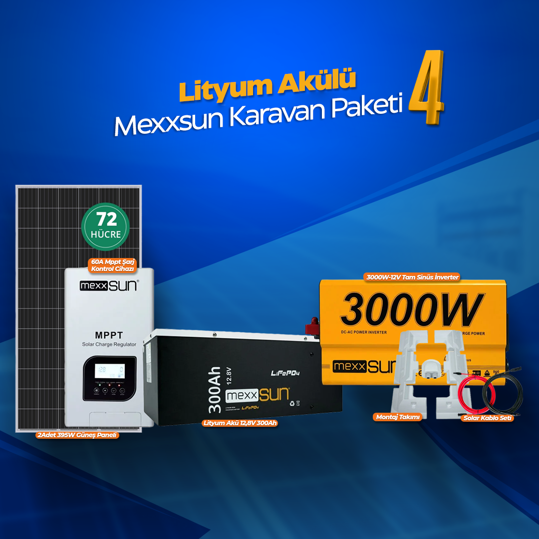 Karavan Lityum Solar Enerji Paketi – 2x395W Phono Panel (790W) + 3000W MEXXSUN Tam Sinüs İnverter + 300Ah MEXXSUN Lityum Akü