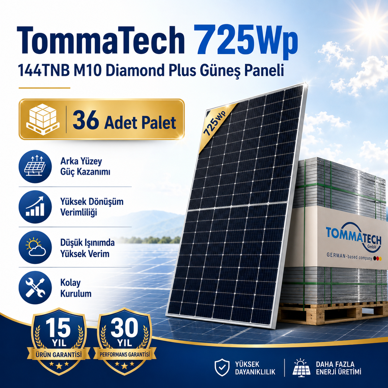 TommaTech 725Wp 144TNB M10 Diamond Plus Güneş Paneli-36 Adet
