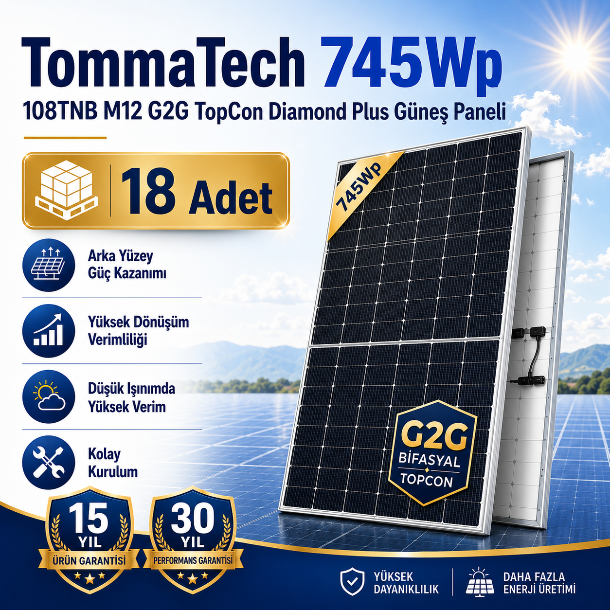 TommaTech 745Wp 108TNB M12 G2G TopCon Diamond Plus Güneş Paneli- 18 Adet
