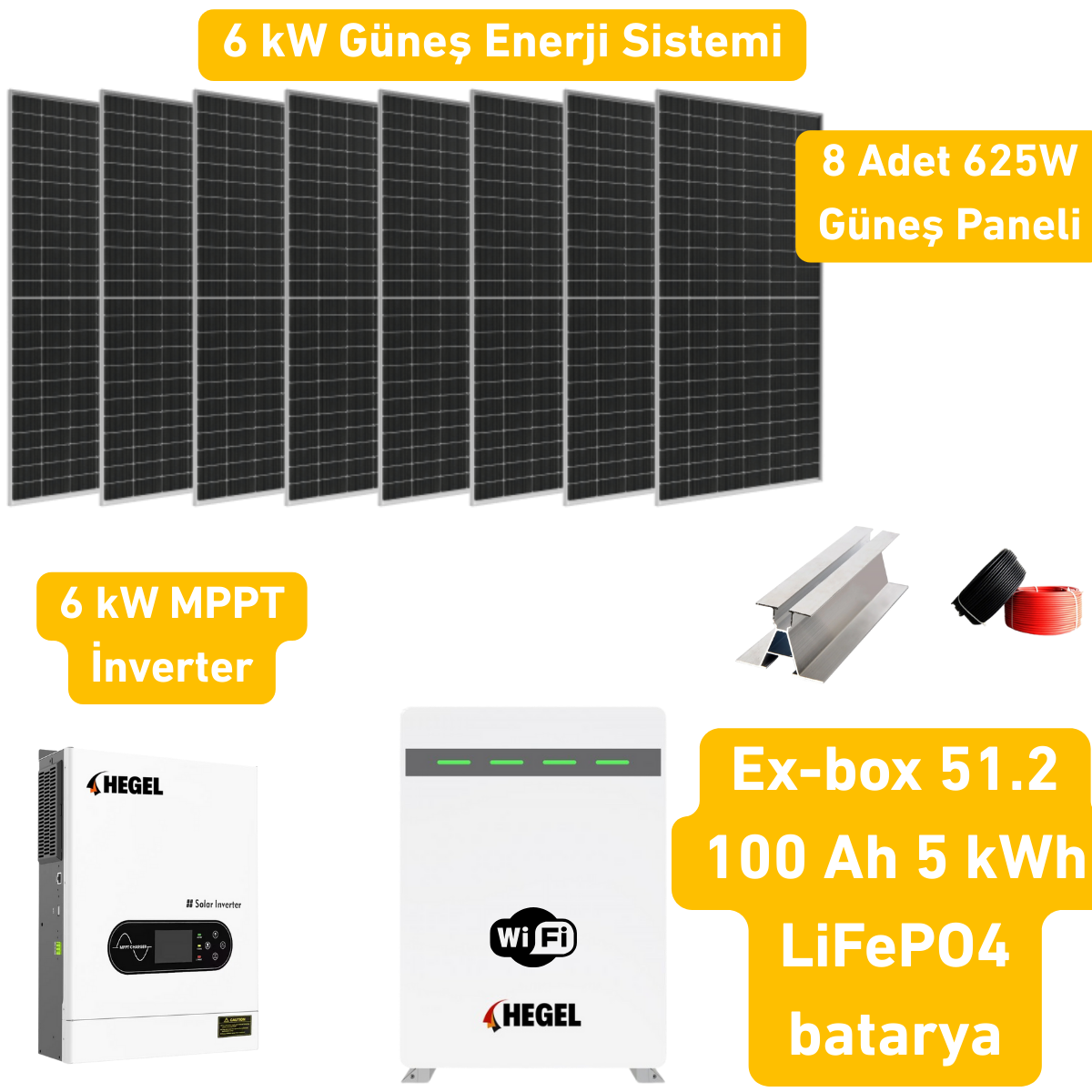 6 kW Solar Sistem Paketi – Hegel İnverter + 8x625W Panel + 51.2V 100Ah Lityum Akü