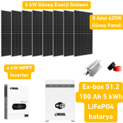 6 kW Solar Sistem Paketi – Hegel İnverter + 8x625W Panel + 51.2V 100Ah Lityum Akü