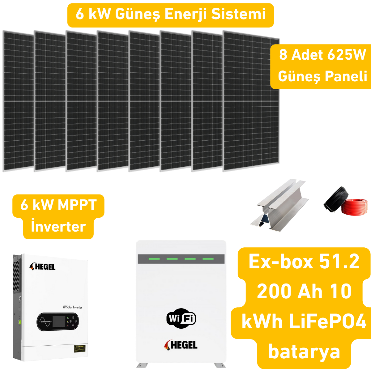 6 kW Solar Sistem Paketi – Hegel İnverter + 8x625W Panel + 51.2V 200Ah Lityum Akü