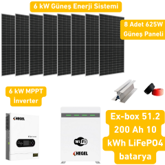 6 kW Solar Sistem Paketi – Hegel İnverter + 8x625W Panel + 51.2V 200Ah Lityum Akü