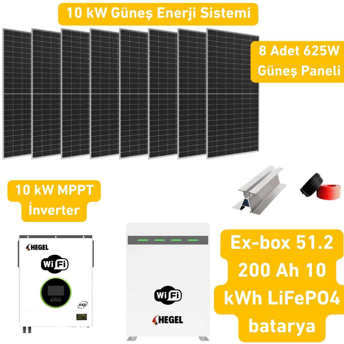 10 kW Solar Sistem Paketi – Hegel İnverter + 8x625W Panel + 51.2V 200Ah Lityum Akü