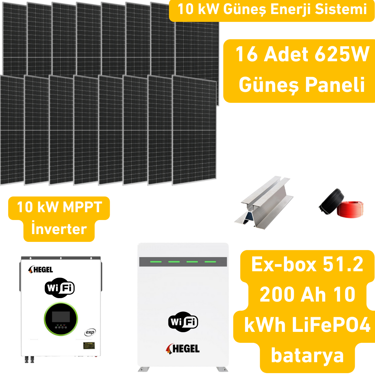 10 kW Solar Sistem Paketi – Hegel İnverter + 16x625W Panel + 51.2V 200Ah Lityum Akü