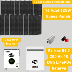 10 kW Solar Sistem Paketi – Hegel İnverter + 16x625W Panel + 51.2V 200Ah Lityum Akü