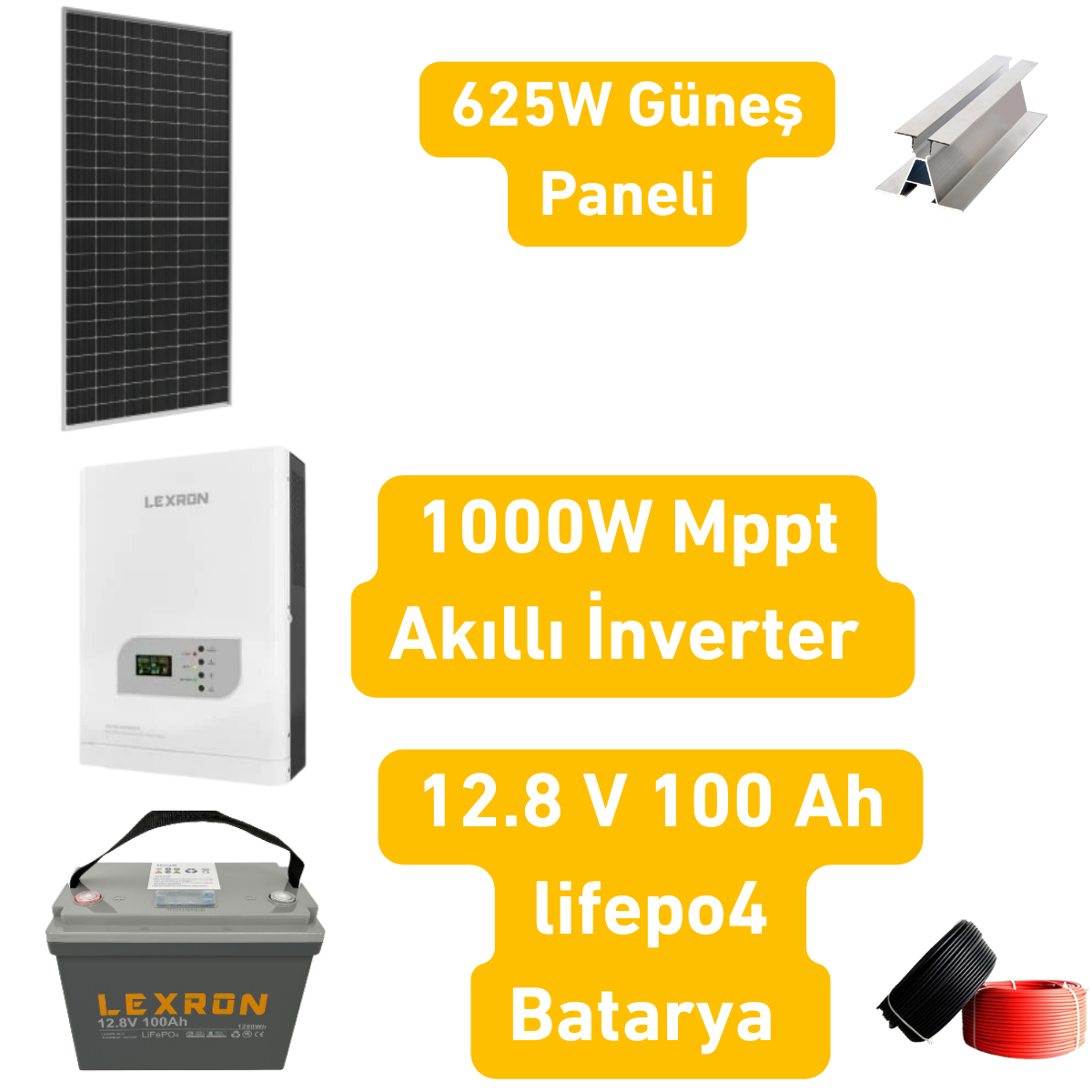 625W Güneş Paneli + Lexron 1000W MPPT Akıllı İnverter + 12.8V 100Ah Lityum Akü Solar Enerji Paketi