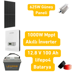 625W Güneş Paneli + Lexron 1000W MPPT Akıllı İnverter + 12.8V 100Ah Lityum Akü Solar Enerji Paketi