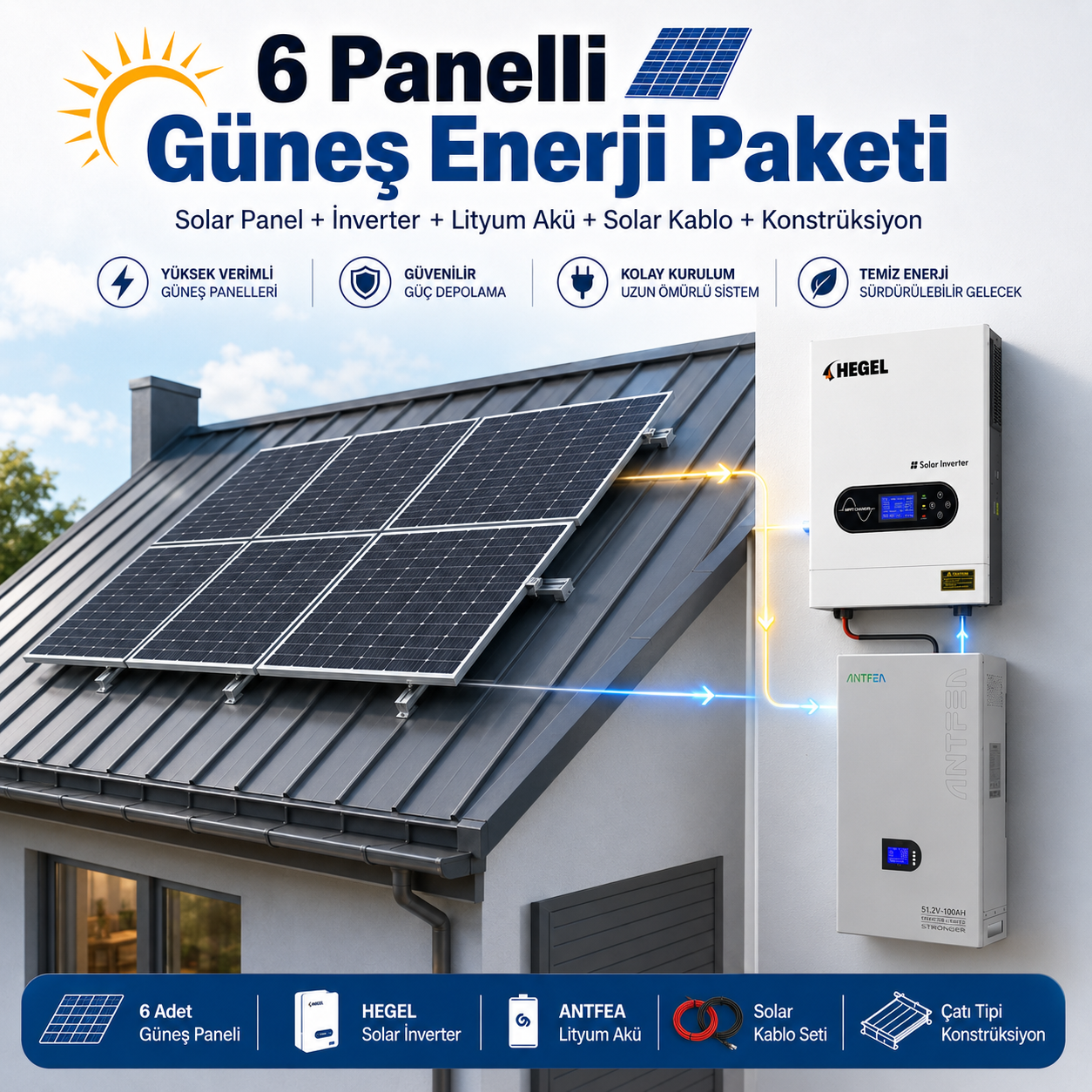 6 Kw Hazır Güneş Enerji Sistemi Lityum Akülü Tam Set