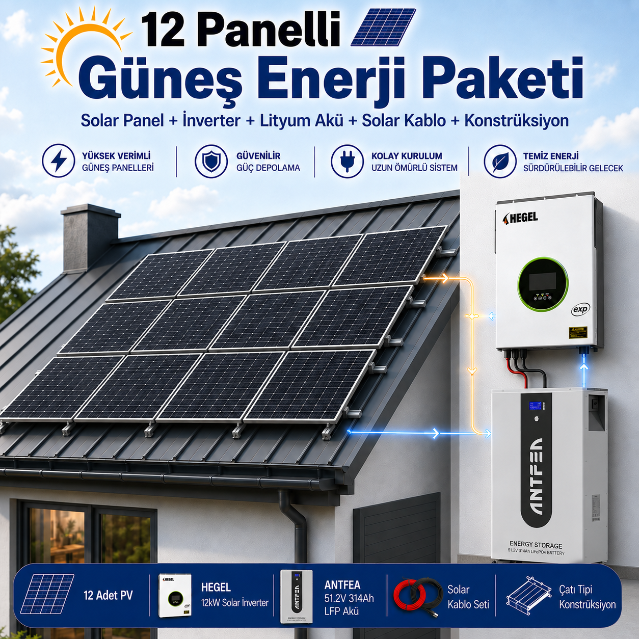 12 Panelli 12 Kw Güneş Enerji Sistemi 16 Kwh Depolama