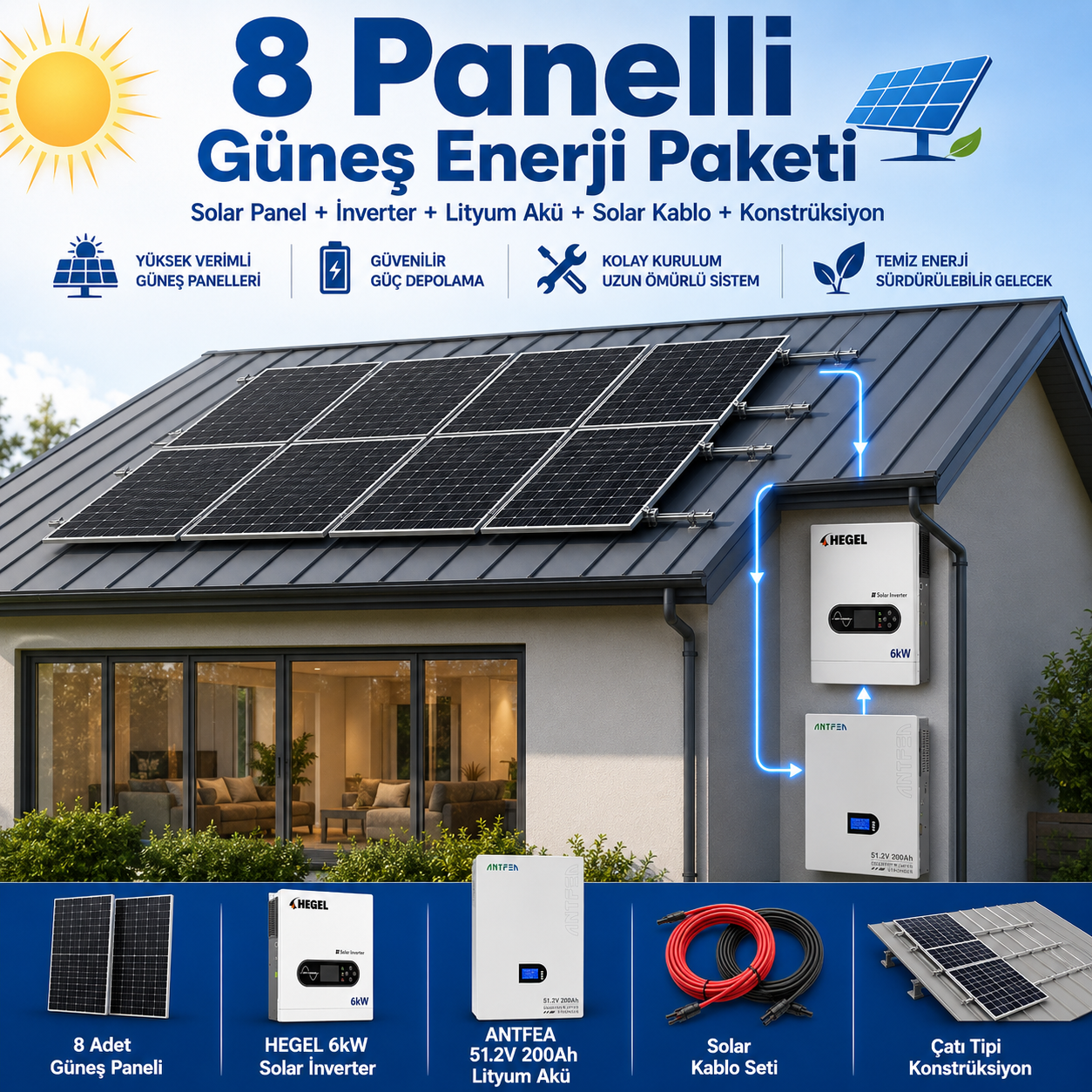 8 Panelli 6 Kw Güneş Enerji Sistemi 10.24 Kwh Depolama