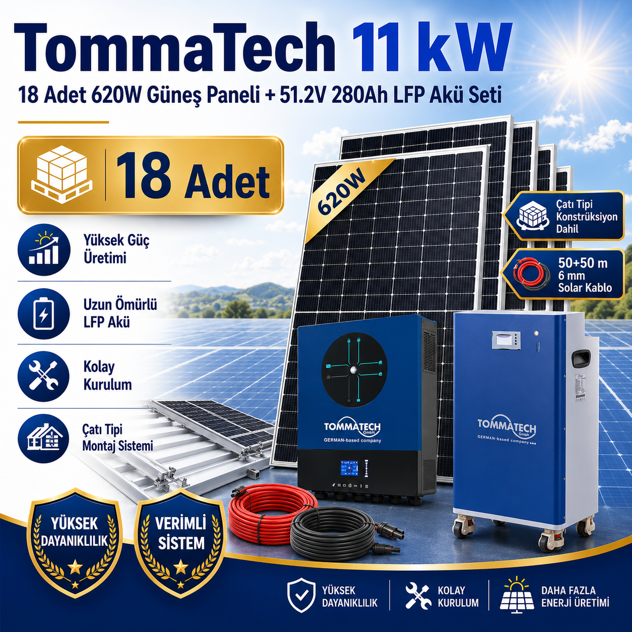 TommaTech 11 kW İnverter + 18 Adet 620W Güneş Paneli + 51.2V 280Ah LFP Akü Seti