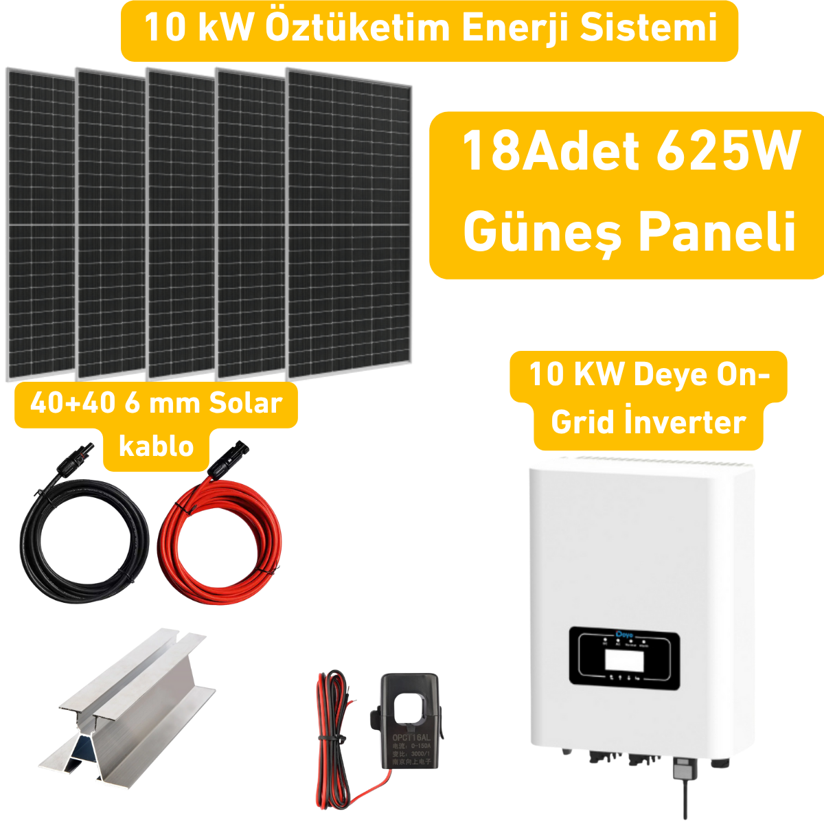 10 kW 1 Faz On Grid Solar Enerji Paketi (18x625W Güneş Paneli)