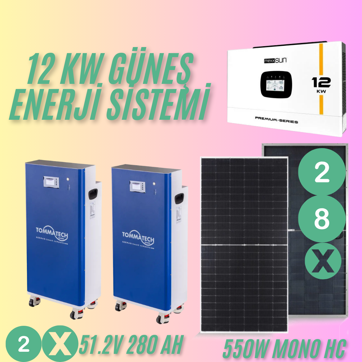 15.4 kW Off Grid Güneş Enerjisi Paketi – 12kW Mexxsun İnverter + 15.4kW Güneş Paneli + 28.6kWh Lityum Batarya