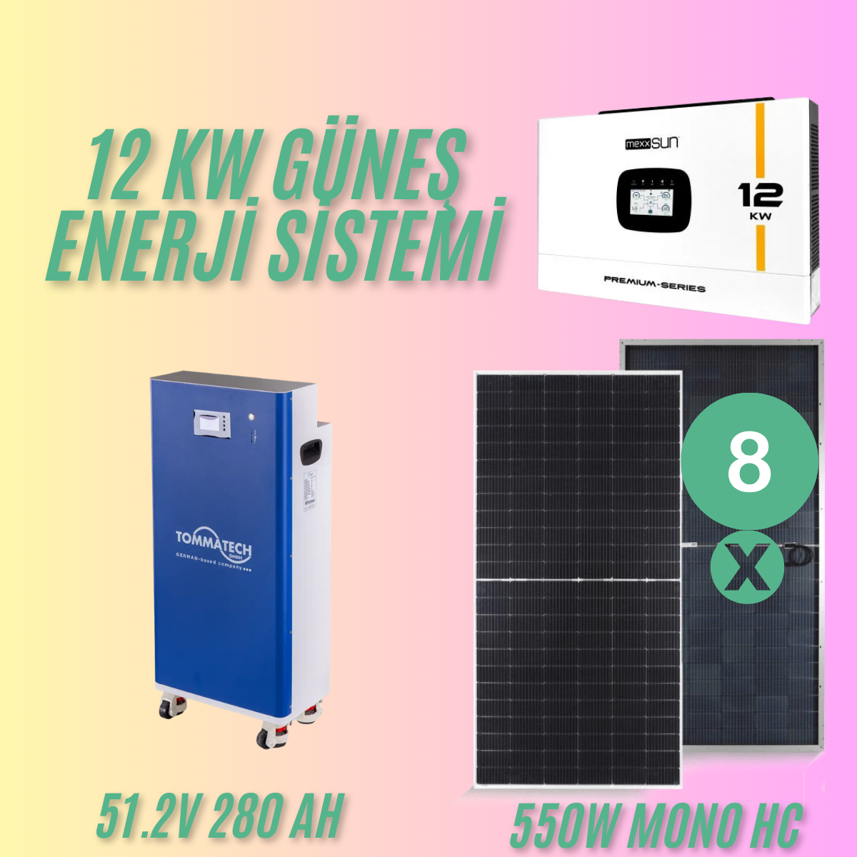 4.4 kW Off Grid Güneş Enerjisi Paketi – 12kW Mexxsun İnverter + 4.4kW Panel + 14.3kWh Lityum Batarya