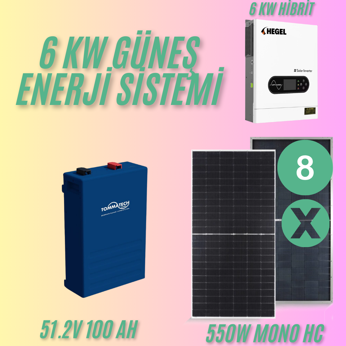 4.4 kW Off Grid Güneş Enerjisi Paketi – 6kW Hegel İnverter + 4.4kW Panel + 5.12kWh Lityum Batarya