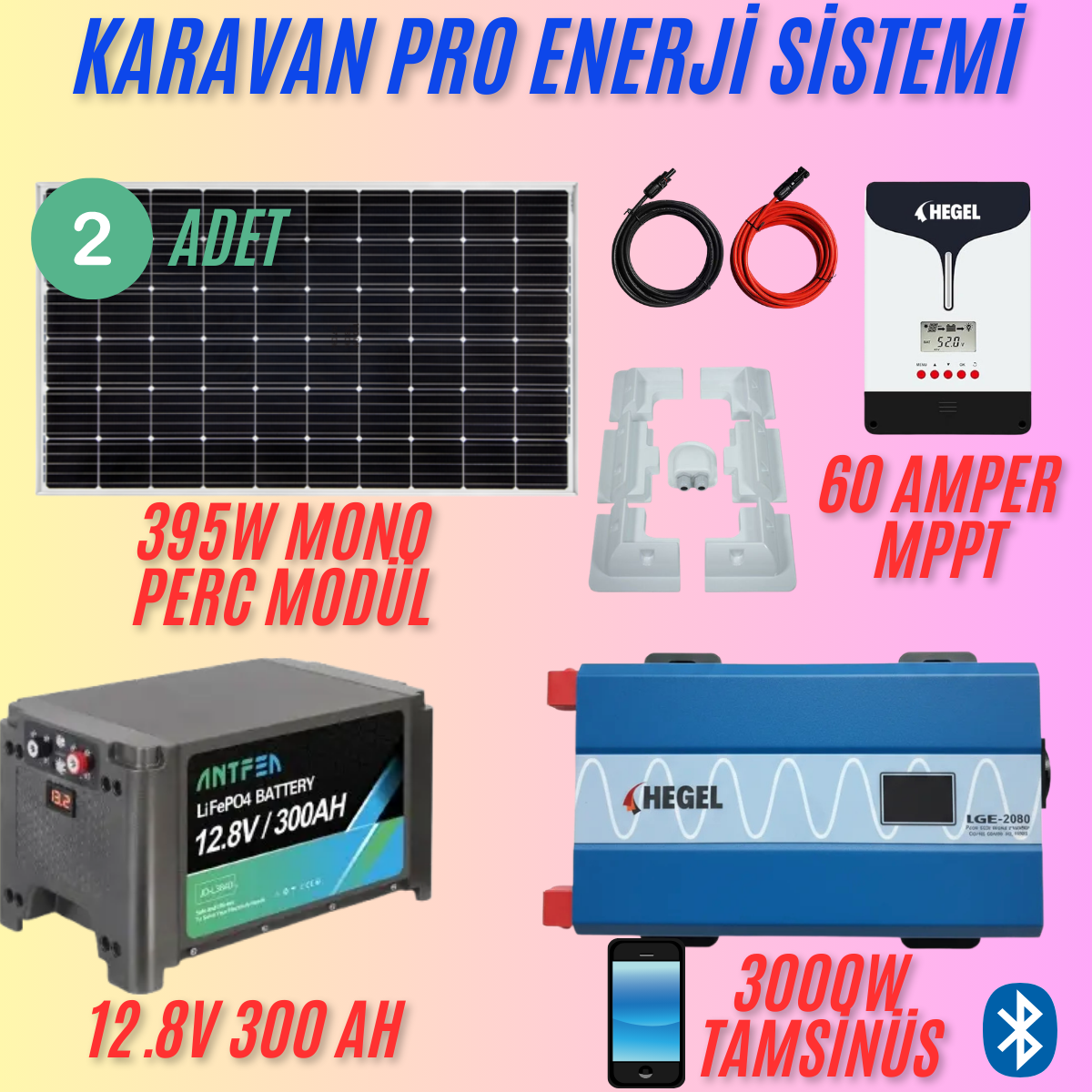 395W Karavan Güneş Enerjisi Paketi – 100Ah Lityum Akü + 30A MPPT + 1000W Tam Sinüs İnverter