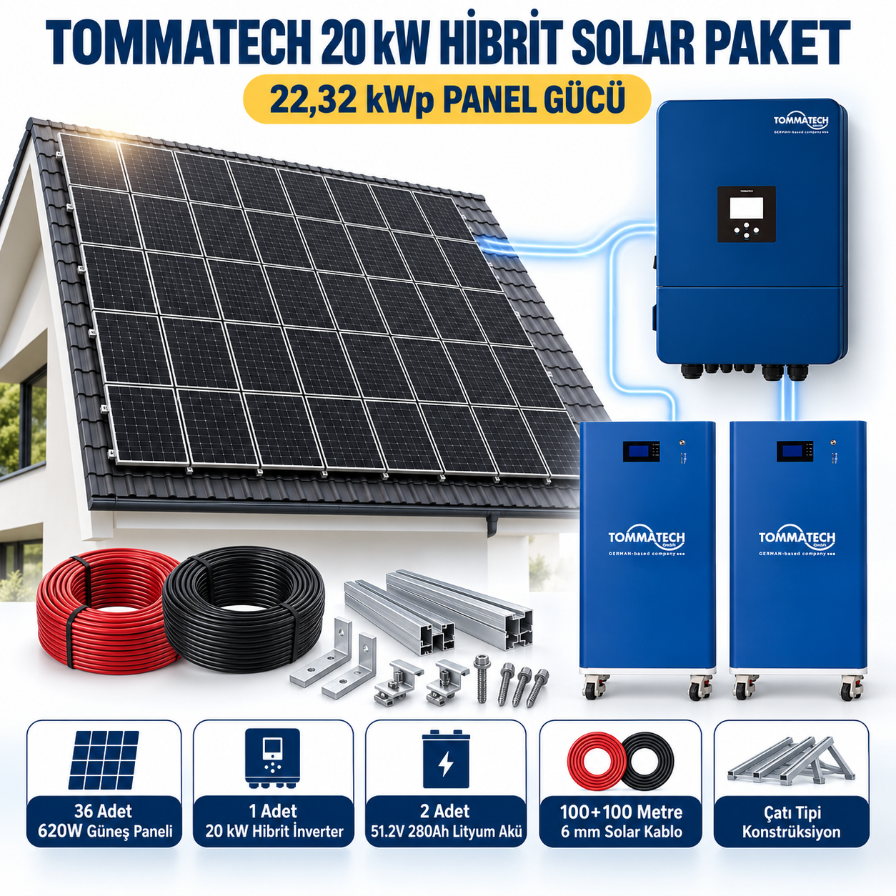 TommaTech 20 kW Hibrit Solar Paket – 36 Adet 620W Panel ve 28,67 kWh Lityum Akü